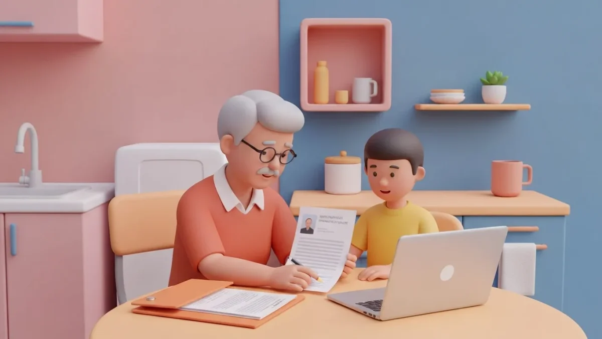 Família consultando documentos oficiais em mesa com notebook